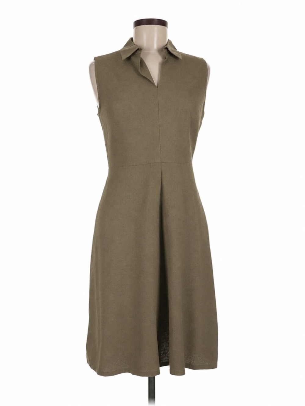 T Tahari Linen Blend Sleeveless Collared A-Line Work Dress Khaki Minimalist 6